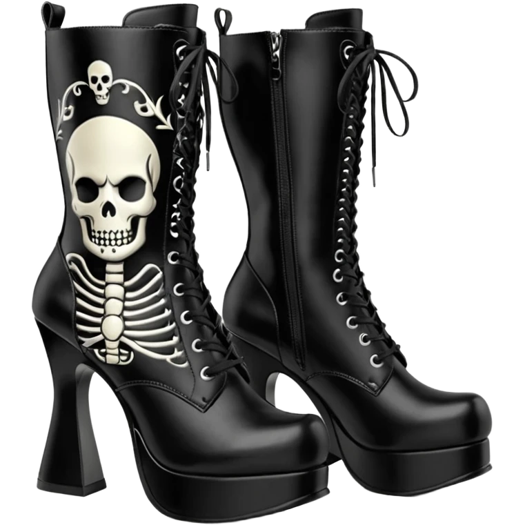 Hyperrealism, rendering, isolated, ultra detailed, womens vegan leather mid calf high heel Demonia Muerto boots emoji