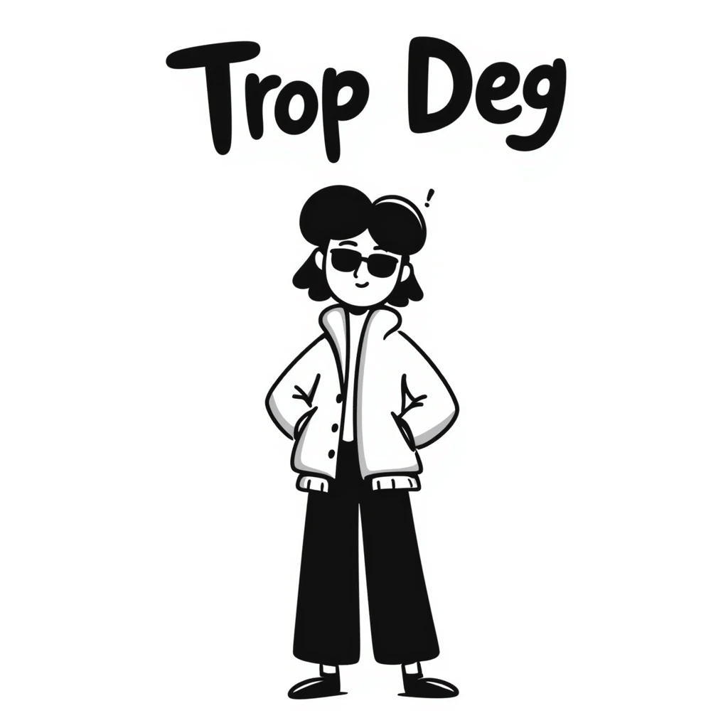 Sketchy character with sunglasses looking extremely cool with 'Trop Deg' text emoji