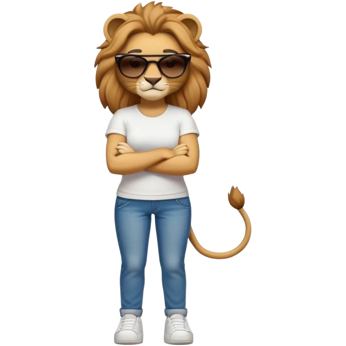 friendly anthropomorphised female lion character, full body, standing confidently with legs shoulder width apart and arms folded, wearing jeans, a white t-shirt, dark sunglasses, and trainers, with a determined expression emoji