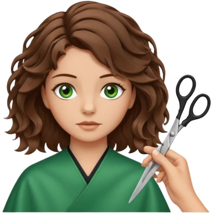 Girl with green eyes and brown wavy hair getting haircut with scissors emoji