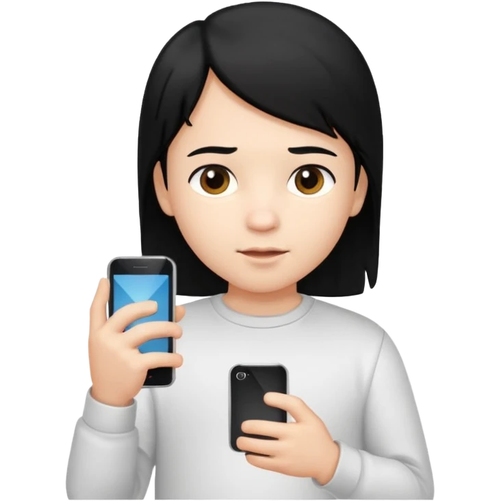 un niño de entre 3 - 10 años jugando con su celular (pelo negro y polo blanco) emoji