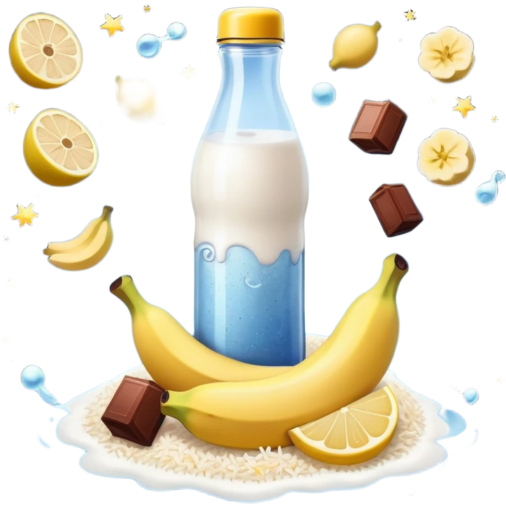 Ethereal daily routine galaxy: water bottle with lemon, sun, rice and chicken, banana and protein shake, dumbbell, yogurt cup, fruit and chocolate, and moon all floating as separate celestial bodies connected by magical stardust trails forming a system emoji