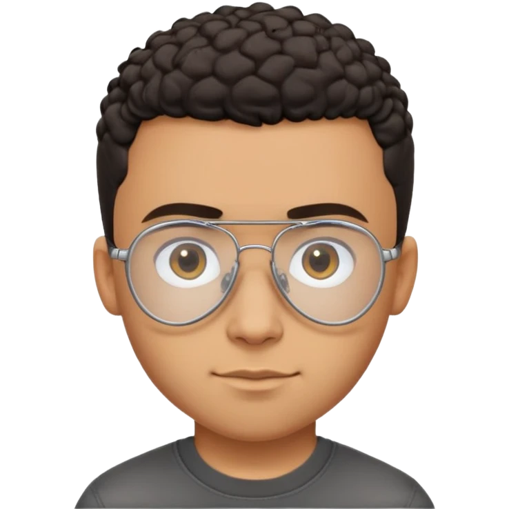 Young Latino man with small oval face and big forehead, clear lens aviator-style eyeglasses with metal frames, completely bald/shaved sides with very short curly dark hair only on top of head, neutral-friendly expression, brown skin, wearing a black t-shirt emoji