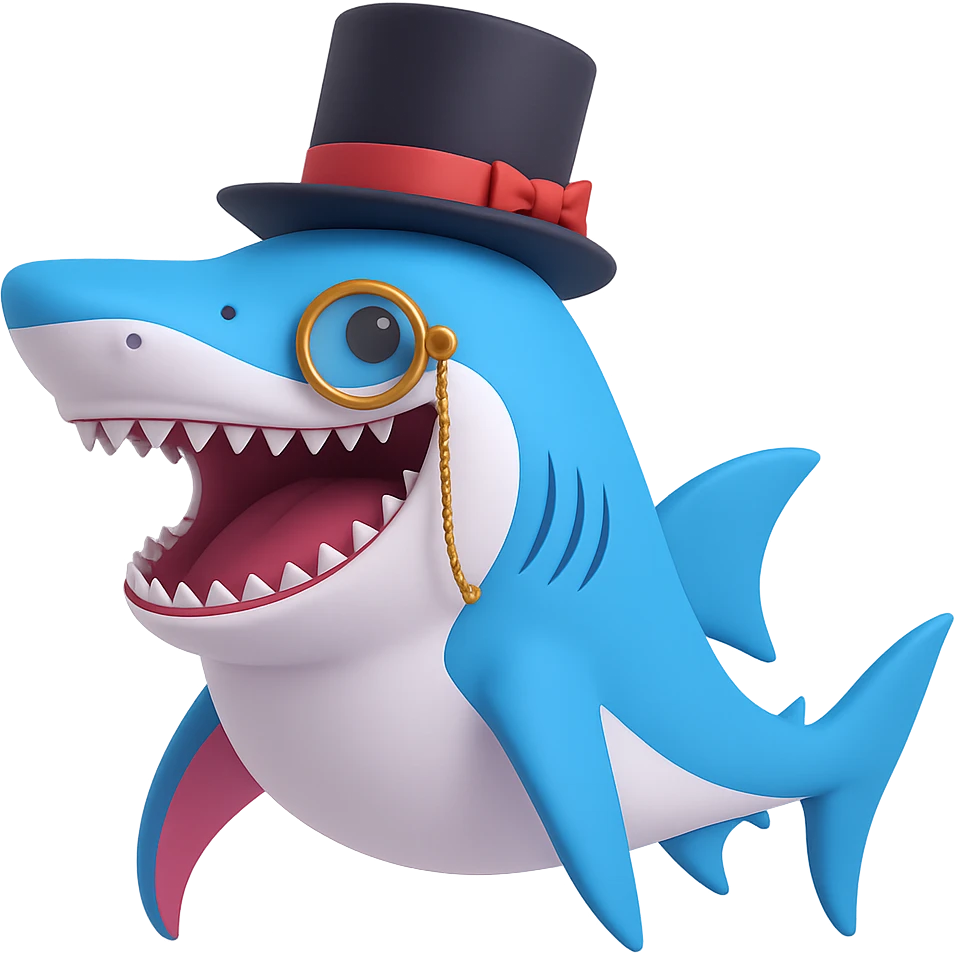 Add a monocle to the dapper shark in a top hat, looking sophisticated, no background. emoji