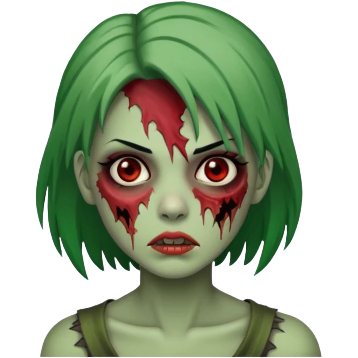 zumbi feminino com cortes no rosto, olhos baixos e vermelhos, cabelo preto e verde emoji