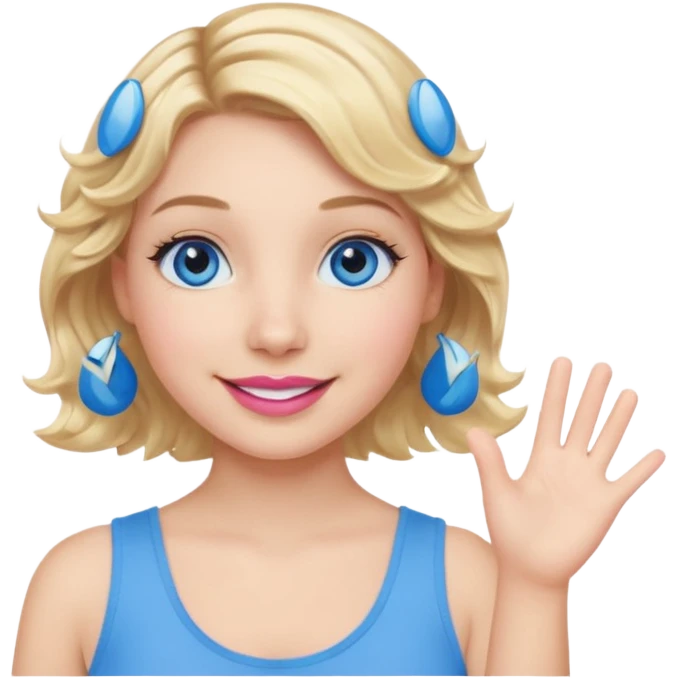 Girl Blonde short wavy hair,  blue eyes, cute blue top, long lashes, pink lips, smiling, waving hello  emoji
