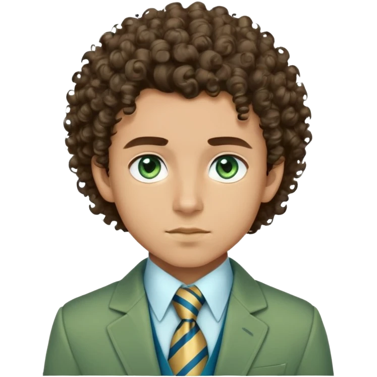 Make me an emoji of a boy with light brown skin, and his hair is voluminous and curly. And his chin is sharp with a nice jawline, and his eyebrows are more of rounded out eyebrows and they’re thick,but not too thick, and one of his eyebrows has a slit in it. And he’s wearing a green jacket with a white shirt poking out and the white shirt has a tie with gold and blue stripes on it. And his eyes are a greenish blue color. And his hair color is a dark brown, and it has some bleached curls in there. And his skin is a light brown, he’s light skinned  emoji