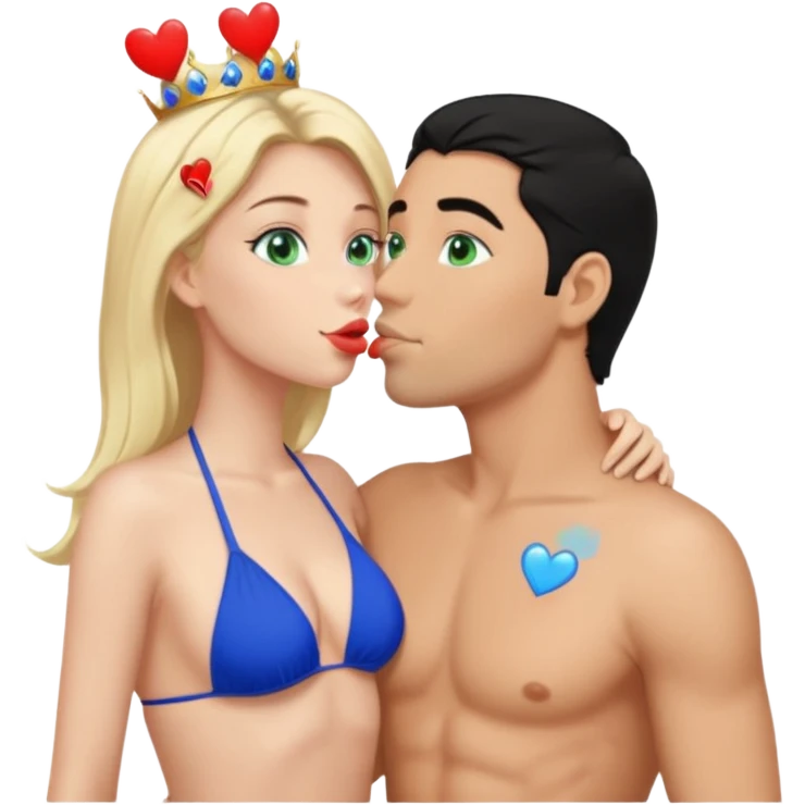 Blonde Queen Green eyes blue Bikini whole body Kissing man black Hair blue eyes Hearts in Body emoji