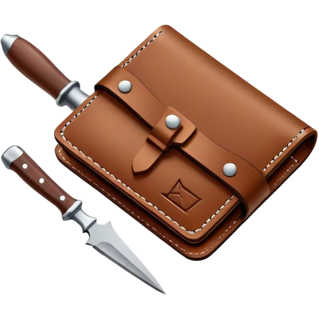 Leatherworking icon, piece of raw leather being crafted into a leather wallet or belt, professional tools like leather stitching awl, edge beveler, hammer, prying tool, minimalistic style, clean lines, transparent background. emoji