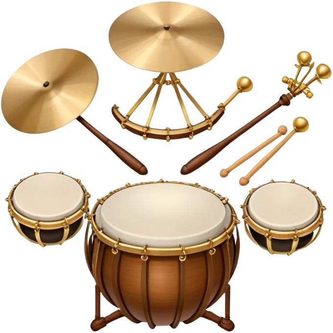Create a heraldic, festive, and professional emblem-like emoji representing percussion instruments. The design should resemble a traditional crest, featuring a range of percussion instruments like cymbals, triangle, tambourine, maracas, timpani, and other traditional and folk percussion instruments. Arrange them symmetrically, with elements like cymbals crossing each other, a triangle at the center, and timpani or drums flanking the sides. The instruments should be depicted with metallic and wooden tones—shiny brass for cymbals, silver for the triangle, and rich wood or polished bronze for drums. Include ornate details like engraved patterns on the instruments, decorative swirls or laurels, and subtle accents to add elegance and festivity to the composition. The overall design should be cohesive, balanced, and visually striking, suitable for use as a prestigious emblem. The background should be transparent. emoji