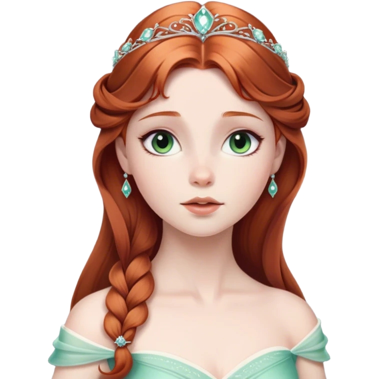 Cinematic Timeless Sleeping Beauty Portrait Emoji, rendered in a clean, vector style. Depict Aurora with delicate porcelain skin, elegantly arranged auburn hair, and a serene, graceful expression, dressed in her iconic gown. The design features bold, simplified shapes, a soft, enchanting glow, and a subtle glowing outline, capturing her timeless, fairy-tale beauty. emoji