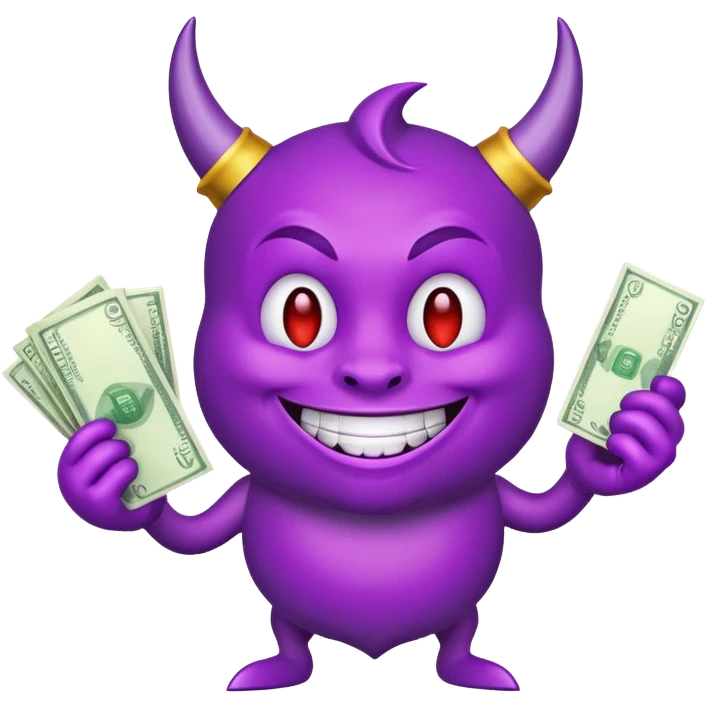 purple devil emoji with money. fun and light hearted, dont make the devil look evil emoji