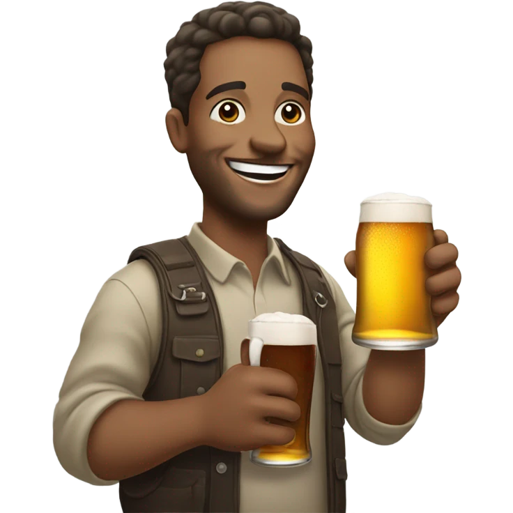 A happy guy drinking a beer looking at a phone emoji