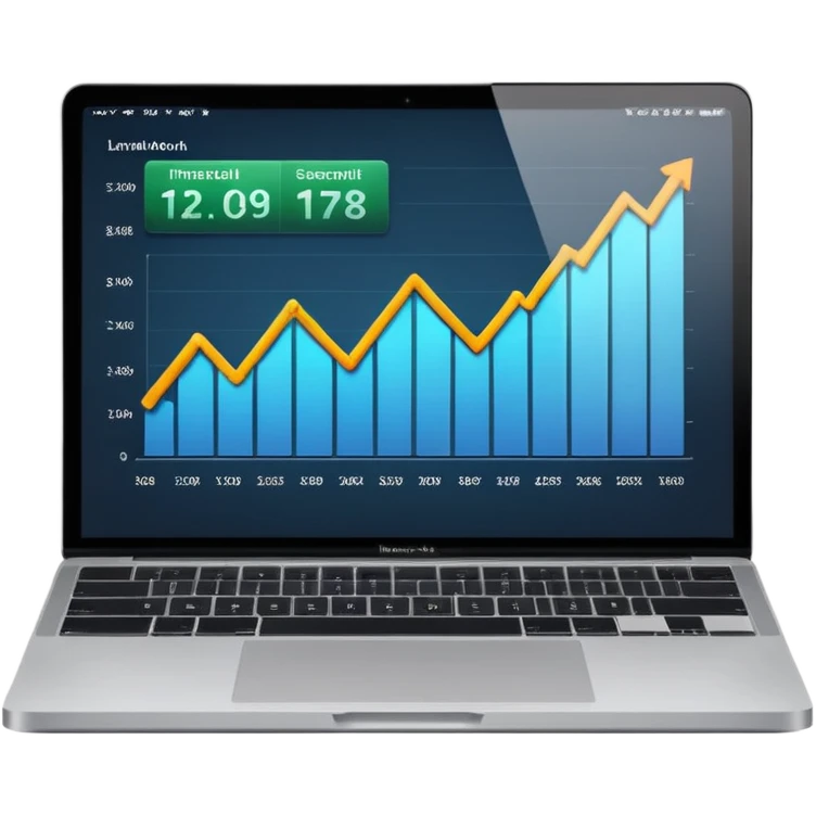 Create a macbook displaying financial charts and analytics dashboards on the screen. emoji