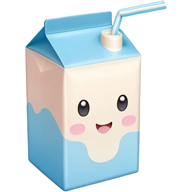 Cute Kawaii Milk Carton, small and boxy, bright pastel blue and white, blushing cheeks, a tiny straw poking out, soft glowing highlights, adorable farm-fresh cuteness! emoji