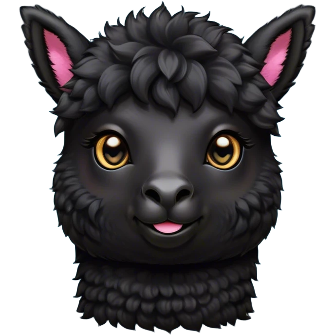 Cinematic Cute Black Alpaca Portrait Emoji, Head tilted playfully and inquisitively, featuring a plush, shiny jet-black fleece with a lustrous sheen, round, sparkling dark eyes filled with curiosity, Simplified yet irresistibly adorable features, highly detailed, glowing with a warm, friendly glow, high shine, affectionate and gentle, stylized with a touch of whimsy, bright and endearing, soft glowing outline, capturing the essence of a mischievous yet loving alpaca, so playful it feels like it could prance out of the screen and into your arms! emoji