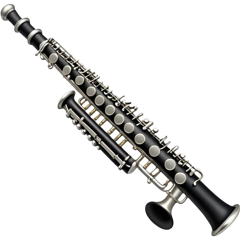 Create an emoji, representing a black standard clarinet. The design should feature a smooth, glossy black body of the clarinet with shiny, silver keys clearly visible. Highlight the intricate details of the mouthpiece and reed at the top, while the body of the instrument should remain simple and elegant. Add subtle musical notes or soundwaves floating around the instrument to symbolize its clear, melodic sound. Use black for the body, silver for the keys, and soft lighting effects to give the instrument a polished, sophisticated look. The background should be transparent. emoji