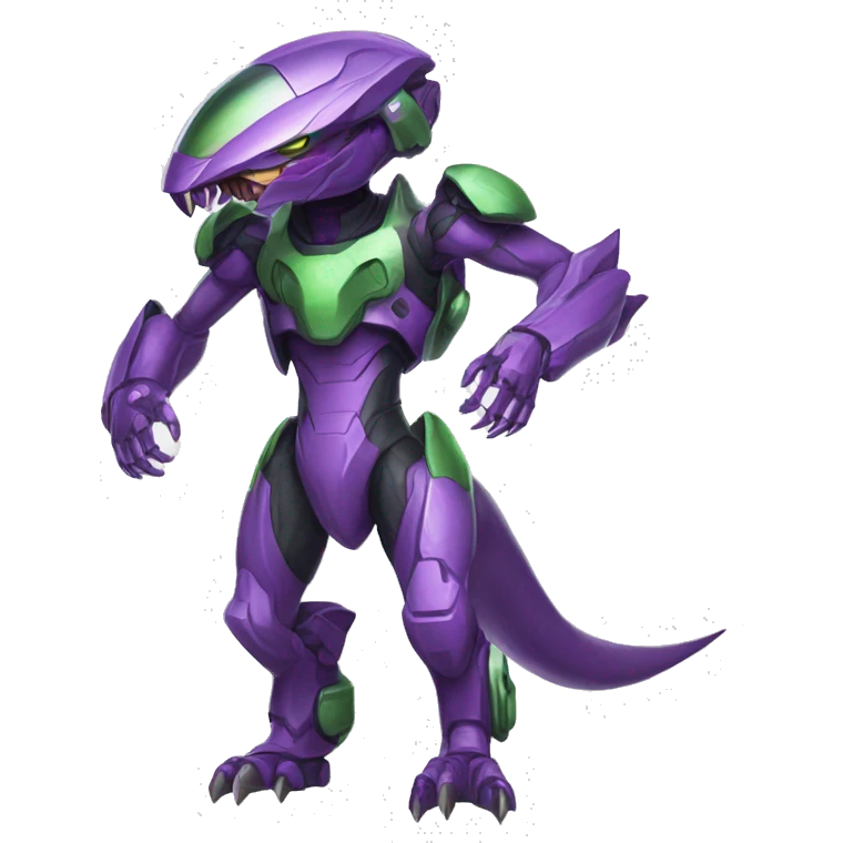 a purple-green Genesect-Raptor-Fakémon—hybrid with a futuristic visor-helmet full body emoji
