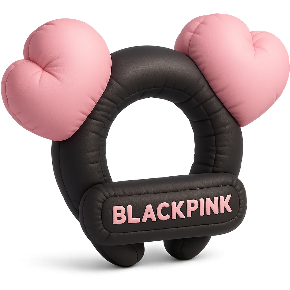 wearable object inspired by BLACKPINK, cushion style, black and pink colors, plush and cozy, could be a soft headband, wristband, or plush pin emoji