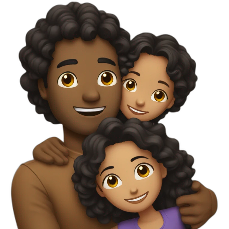 Hug between brown guy with straight black hair and a long curly brown hair woman emoji