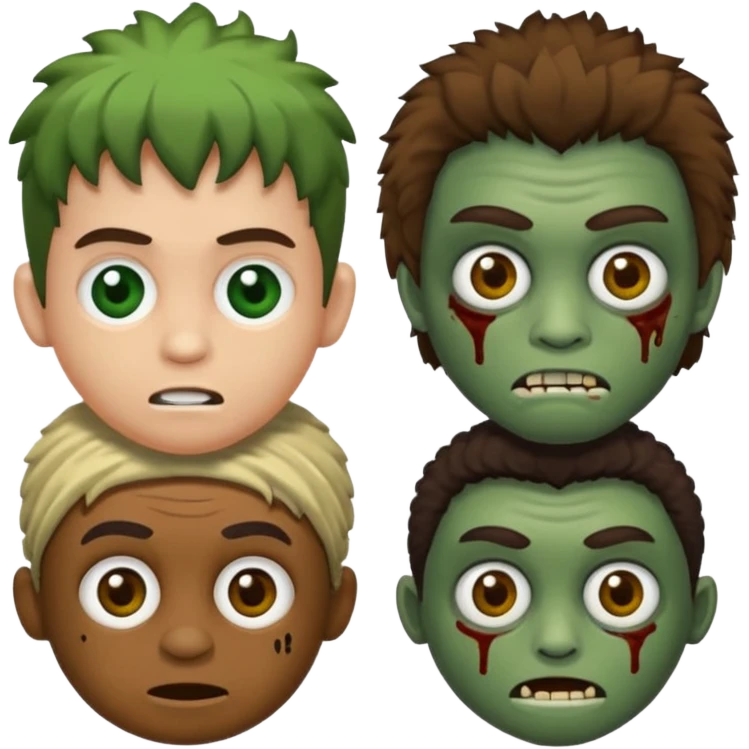 quero um emoji de um menino com pele de zumbi cabelo castanho claro e de franja, olhos menores boca fechada pele verde faça os machucados na cara inteira  emoji