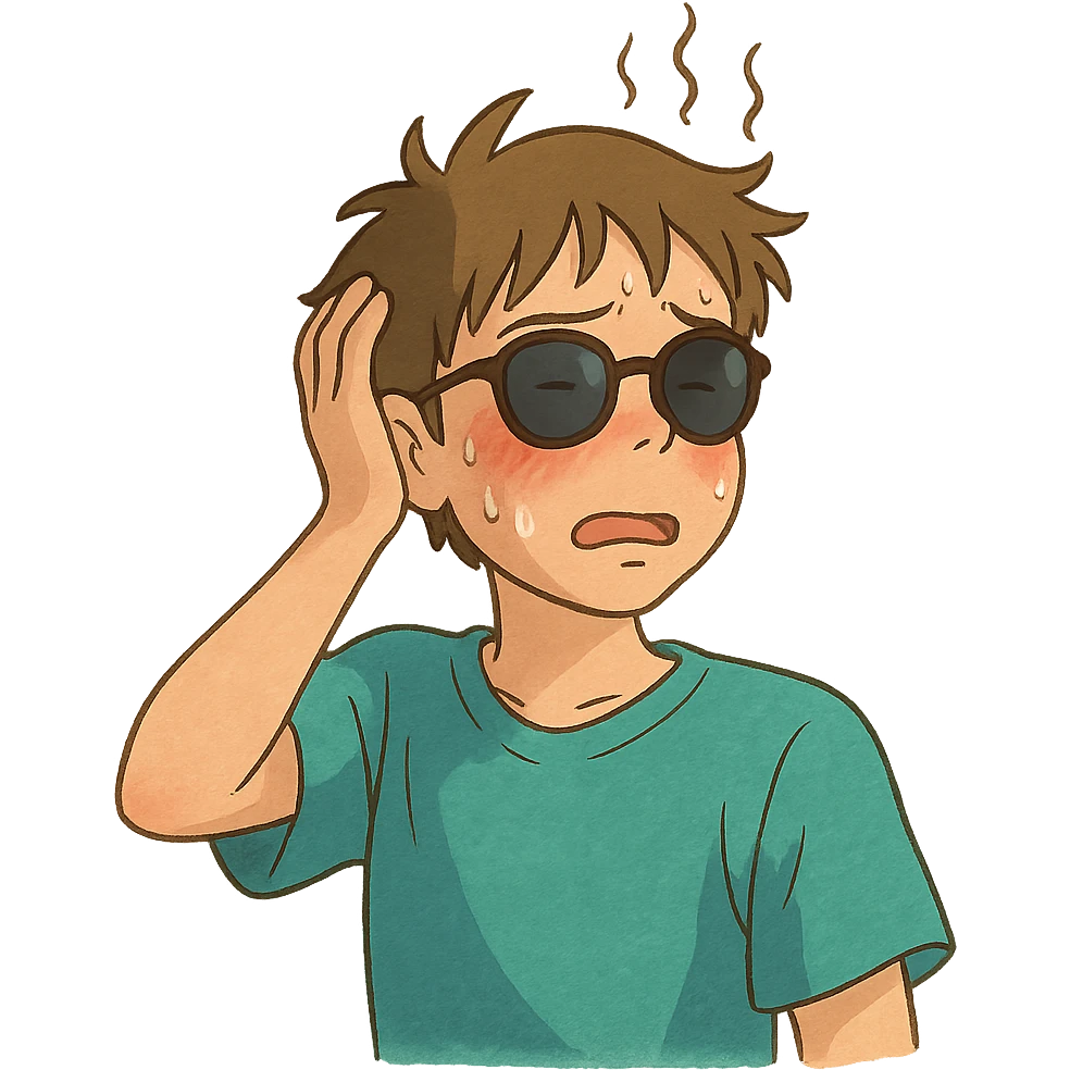 ghibli style character with sunglasses, flushed cheeks, feeling hot emoji