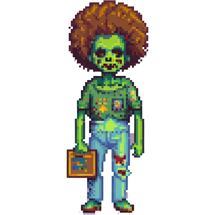 Bob Ross as a zombie, painting with his signature afro and palette, pixel art style emoji