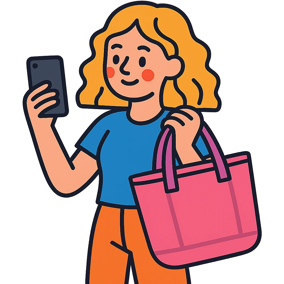 white girl with wavy hair holding her phone and a pink beach bag emoji