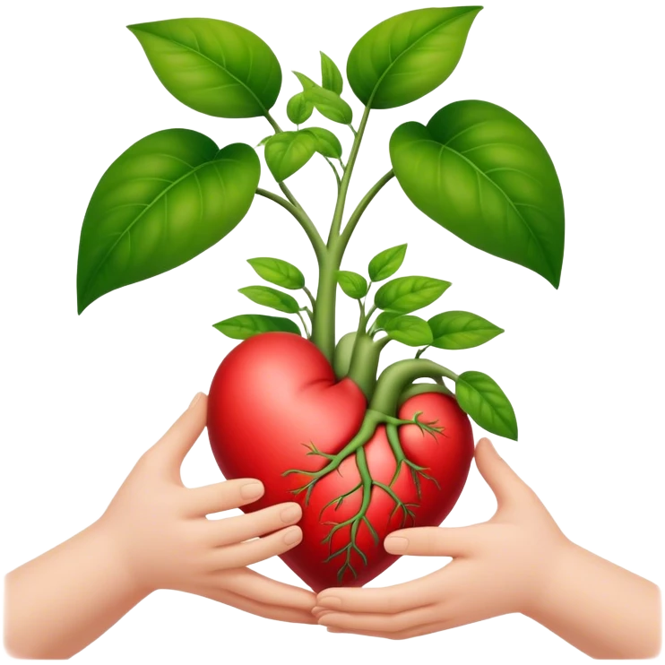 una planta creciendo dentro de un corazón acunado por dos manos. emoji