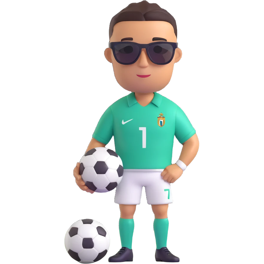 Create a 3D emoji style image of Ronaldo wearing sunglasses with a football next to him. Focus on 3D fluent emoji style and details. emoji