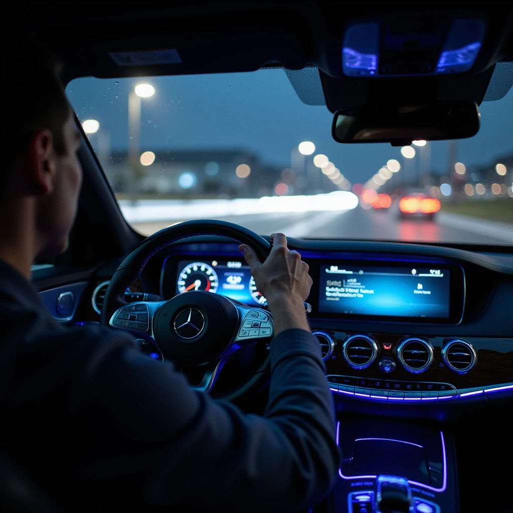 night point of view from driver's seat of 2025 Mercedes S-Class in parking lot, luxury interior, blue or purple ambient lighting, glowing dashboard, hand on Mercedes steering wheel, rainy windshield with water droplets, blurred outside, hyperrealistic, cinematic emoji