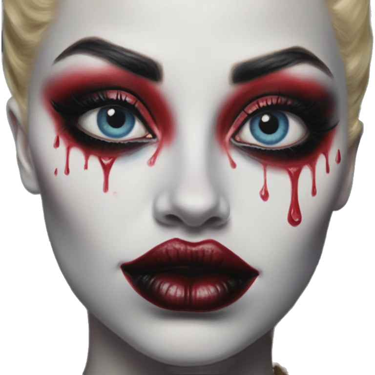All seeing eye in Harley Quinn style, oil paint, mysterious eyes, intricate lips, masterpiece portrait, odd perspective, beautiful, desirable, logical emoji