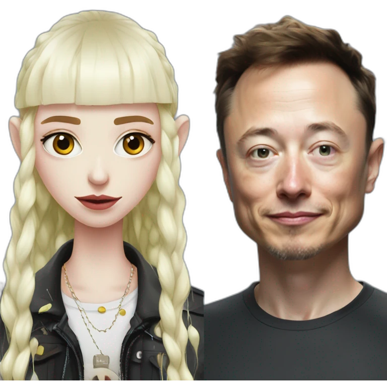 Grimes with drops of white goop on face, elon musk smirking, duo emoji