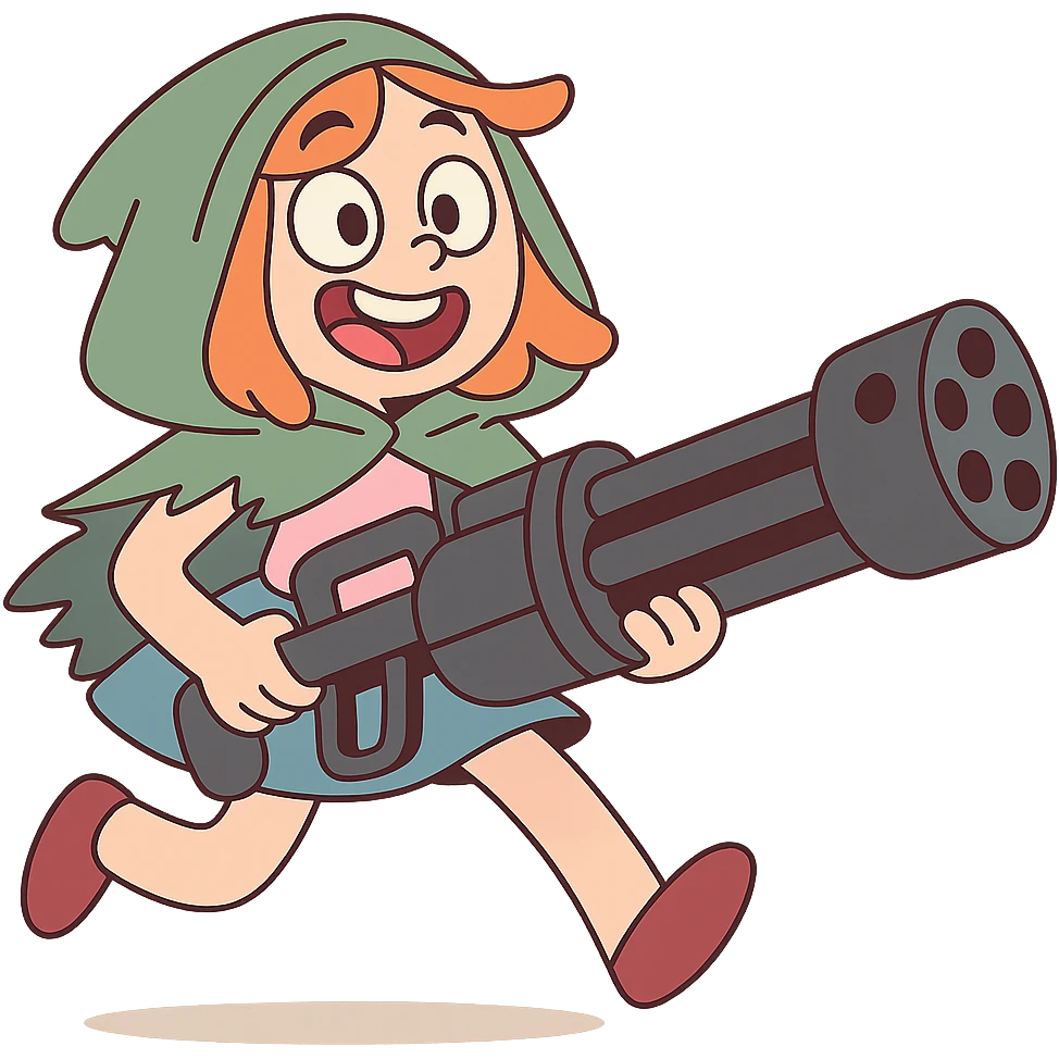 cheerful stalker girl with a massive machine gun, cute and exaggerated emoji