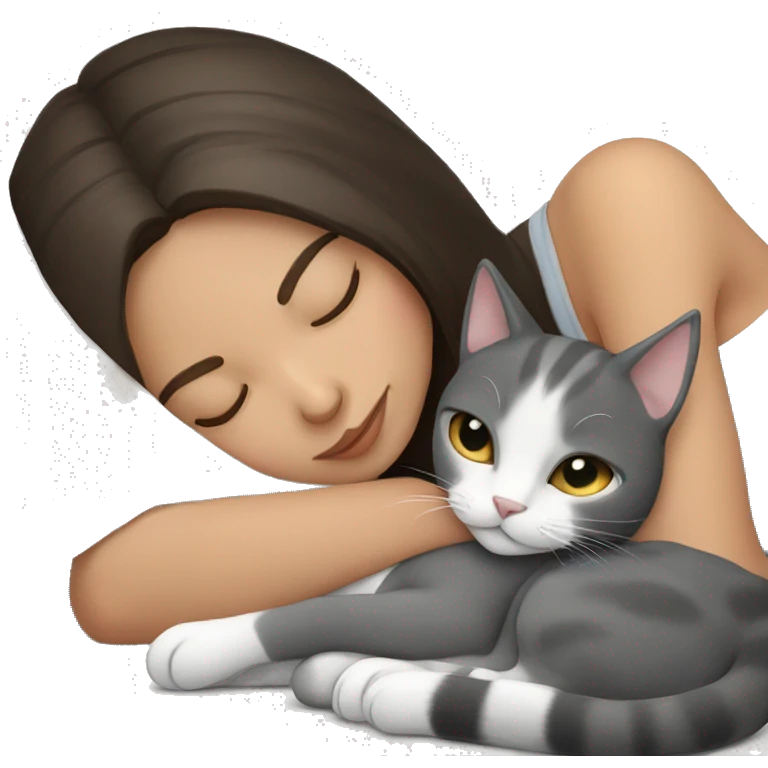 brunette girl sleeping with grey and white cat emoji