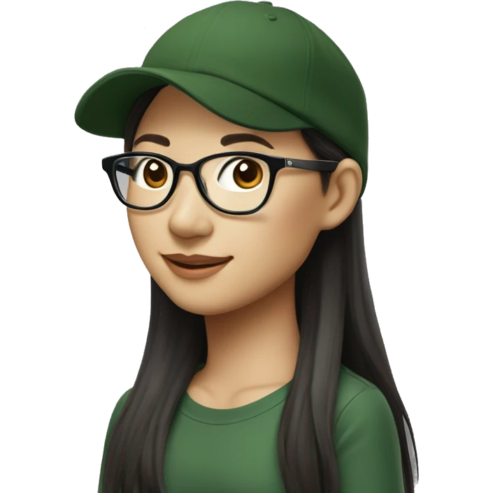 Hyper realistic, look from side, asian adult woman, light white skin, smiling with teeth, black eyes, spotted frame glasses, long brown straight hair with highlighted strands, black T-shirt, dark green cap. emoji