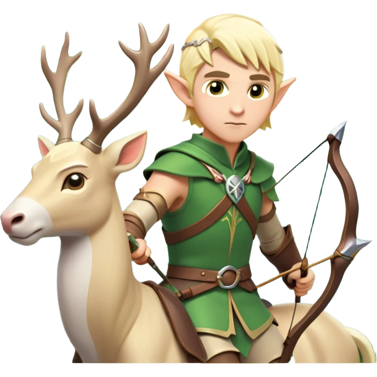 clash-of-clans-aesthetic-blond-male elf-archer-portrait-emoji, rendered in a flat, vector-style with minimal shading and bold, simplified shapes, head tilted slightly forward with a determined, focused expression, riding a majestic white stag whose antlers glow with mystical energy, set against an ancient, enchanted forest backdrop. emoji
