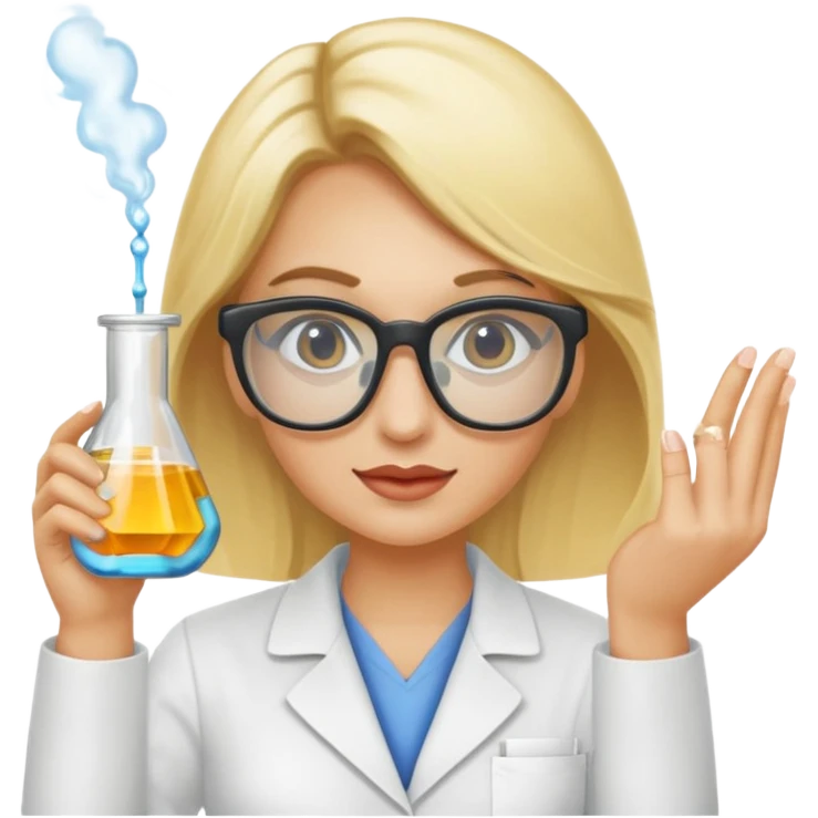 Eine hellblonde Chemikerin mit typischem Erlmeyerkolben in der Hand und Laborbrille auf emoji