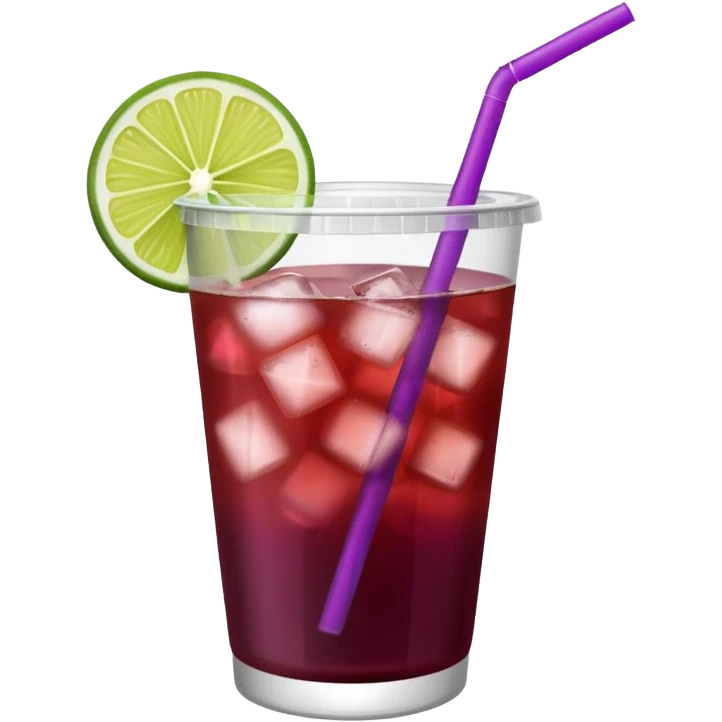 maroon purple cocktail with a lime wedge in the drink in a plastic cup with lid and straw - no lime on edge

 emoji