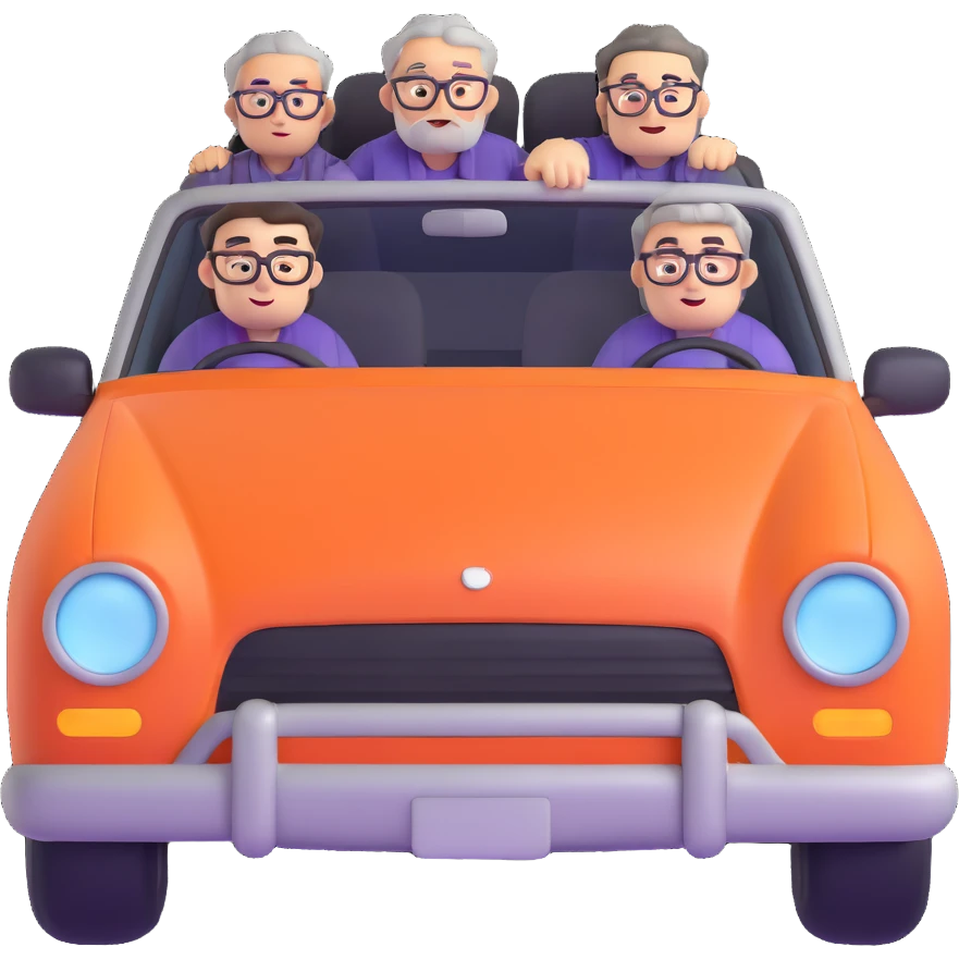 front view of an orange car with three people inside: driver male with chubby face, light stubble, purple shirt; front passenger middle-aged male with round face, gray hair, glasses, checkered shirt; rear passenger male with sharp face, black hair, glasses, black t-shirt emoji
