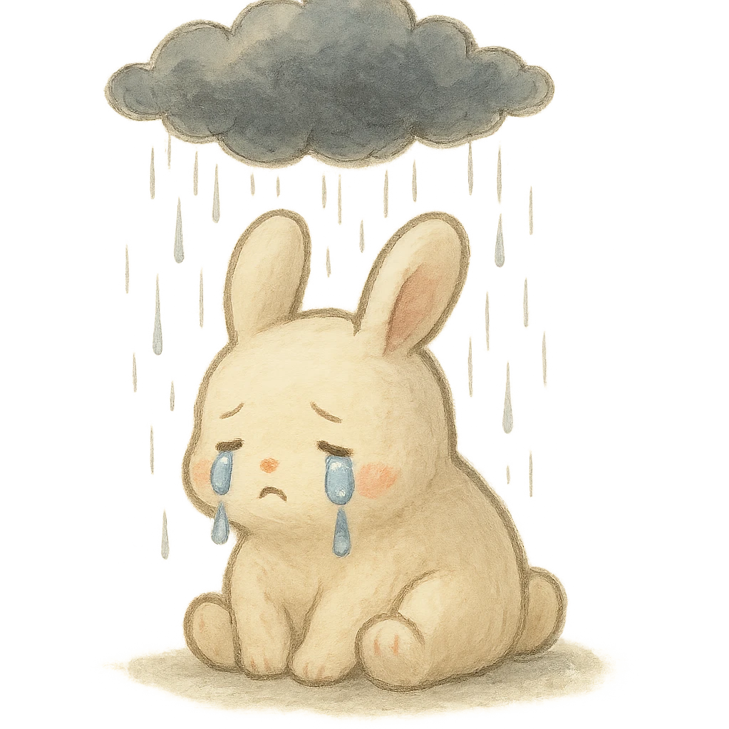 marshmallow bunny sitting with tears under a raincloud, soft ghibli style emoji
