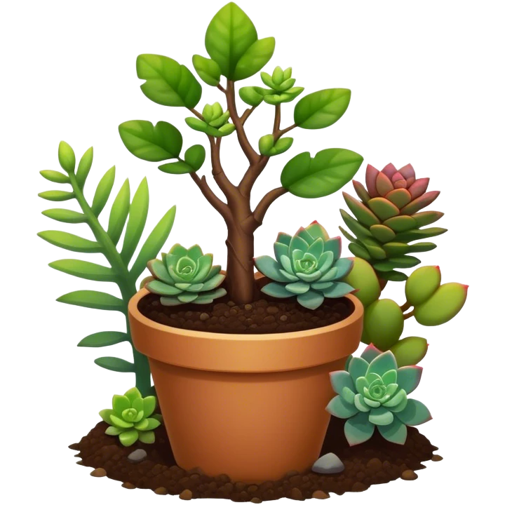 Close-up of a potted sapling in rich soil surrounded by vibrant plants and succulents. Bright sunlight filters through the window, casting soft shadows. Nearby gardening tools rest on a wooden table. Cozy indoor atmosphere with greenery and flowers. emoji