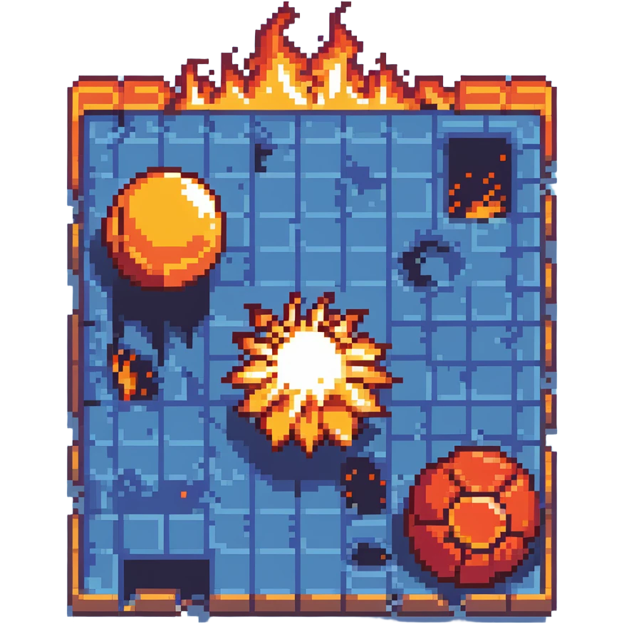 Bomberman horizontal explosion tile, flames extending left to right across full width, bright orange and yellow core with red edges, flames about 60% of tile height, centered vertically, flame wisps details emoji