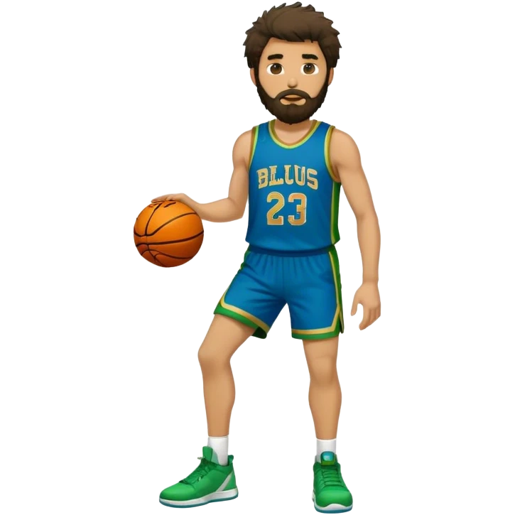 full body wHITE MAN WITH GOLD TEE BEARD DARK SHAGGY HAIR BASKETBALL PLAYER WEARING BLUE AND GREEN UNIFORM emoji