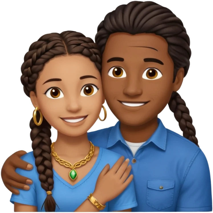 smiling embracing interracial couple. dark ebony woman with long braided hair and jewelry. brazillian man short hair wearing blue. emoji