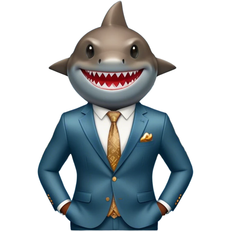 "Stylish Success" - a shark in a Louis Vuitton suit against the backdrop of a luxurious city. emoji
