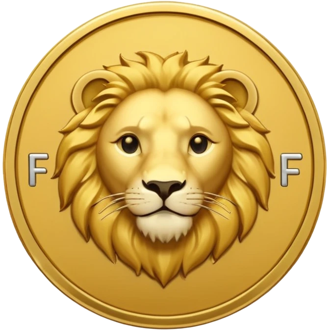 Pièce d’or ronde vue de face, lettre F gravée au centre, tête de lion fine et discrète en arrière‑plan, style emoji simple. emoji