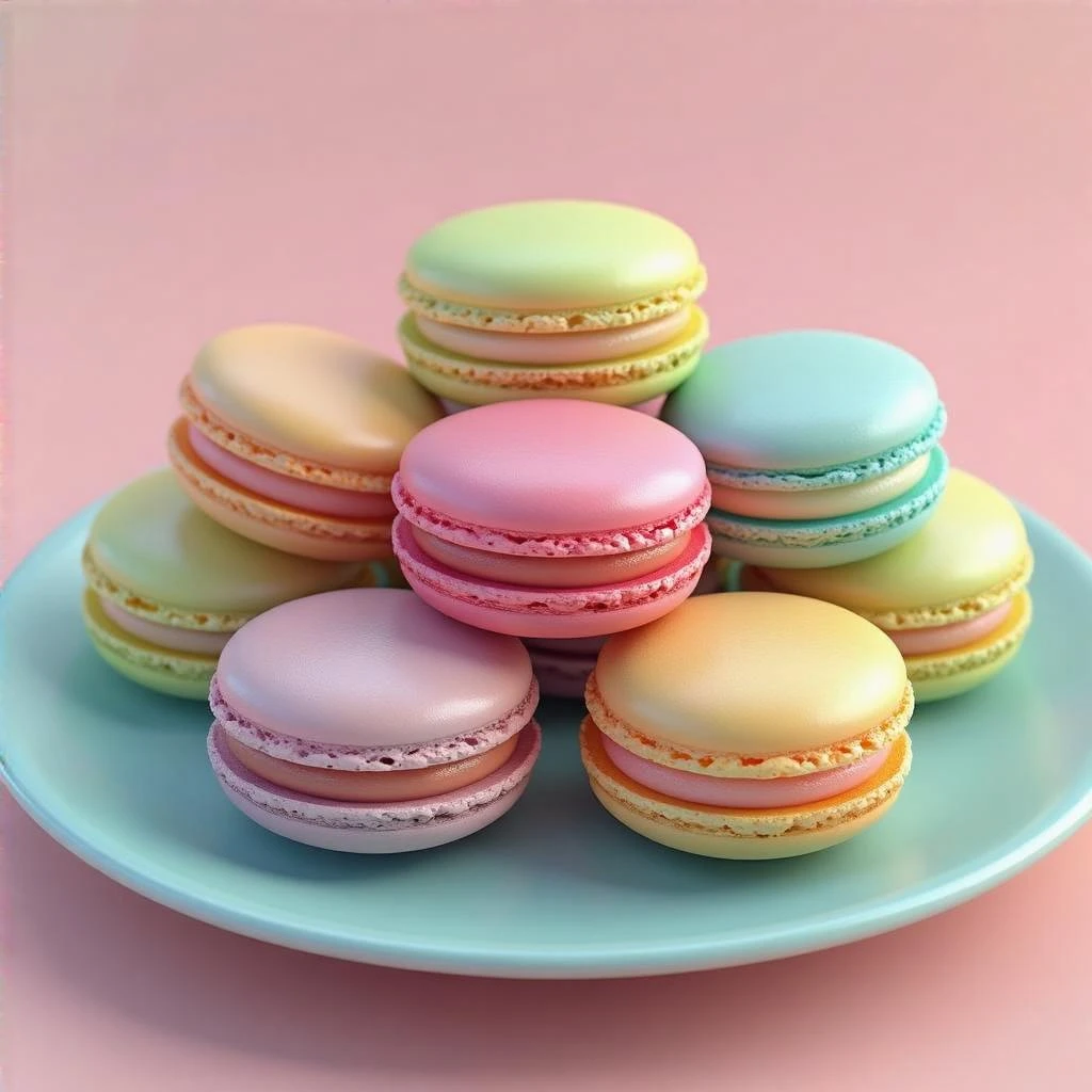 3D model of colorful macarons arranged on a plate, smooth realistic textures, vibrant pastel colors, iOS 18 Hi Dream Full style, matching reference image emoji