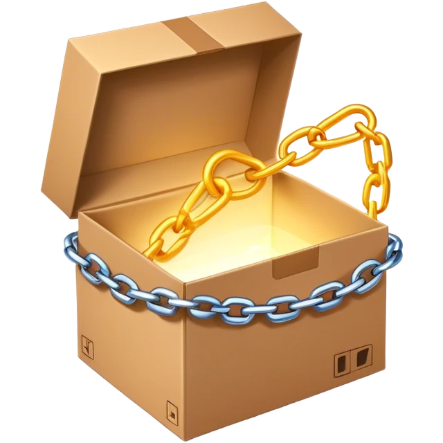 open cardboard box with chain links draped outside of. the chain links should be glowing like they are magical chain links, and the box itself should have a mysterious subtle glow to it emoji