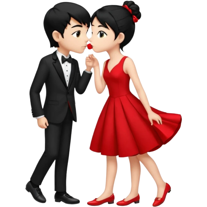 Make a girl has 18 years old black ponytail red dress, red flat and a boy has 19 years old black hair black tuxedo black shoes boy and girl kiss emoji